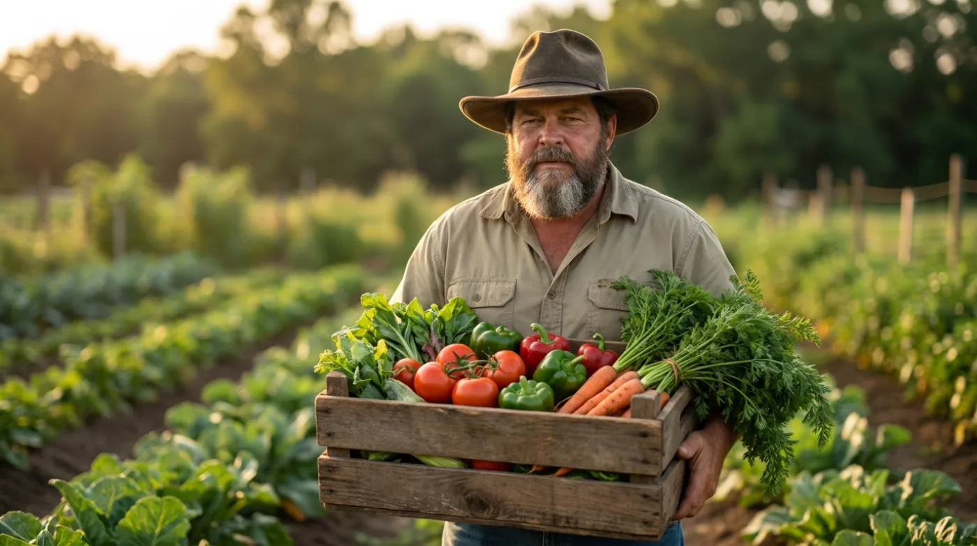 Bill carrying a crate of freshly harvested vegetables