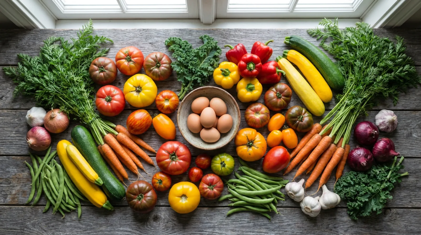 Overhead harvest of tomatoes, peppers, carrots, kale and garlic on barn wood