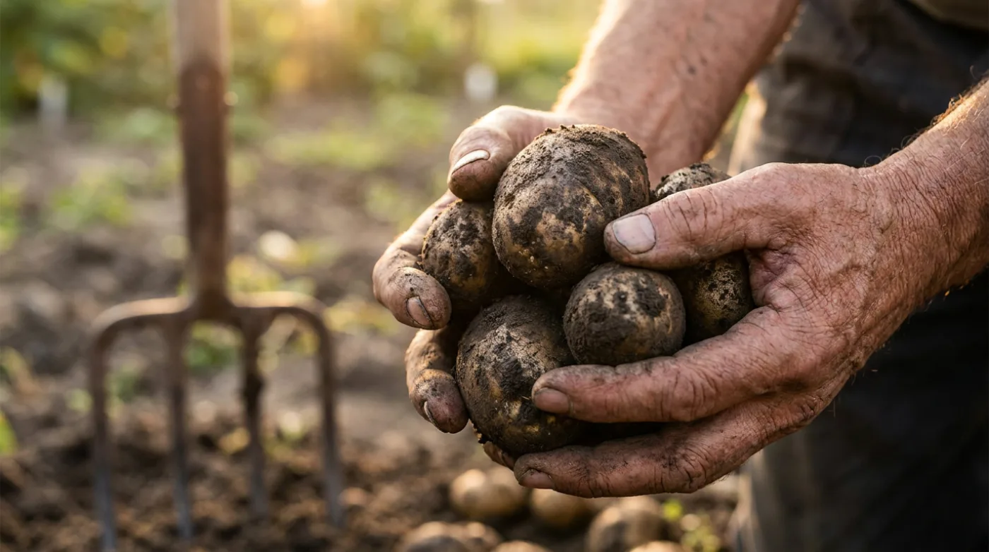 Hands holding freshly dug potatoes