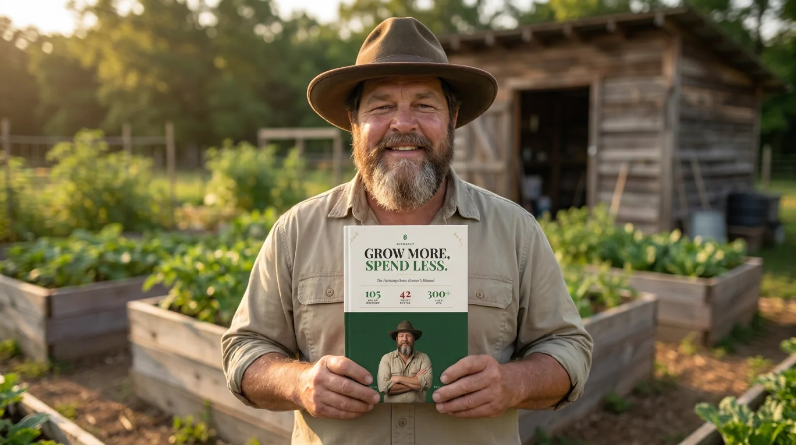 Bill holding up the manual in his garden