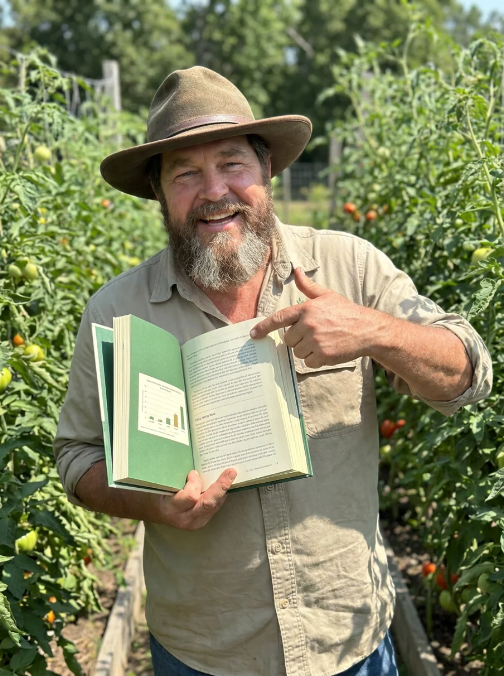 Bill pointing at a page of the manual between his tomato rows