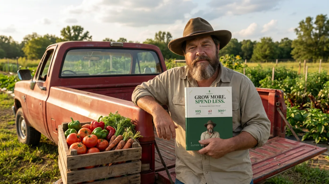 Bill at the pickup tailgate with the manual and a crate of vegetables